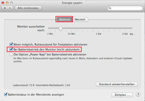 Suchen Sie Bei Batteriebetrieb den Monitor leicht abdunkeln