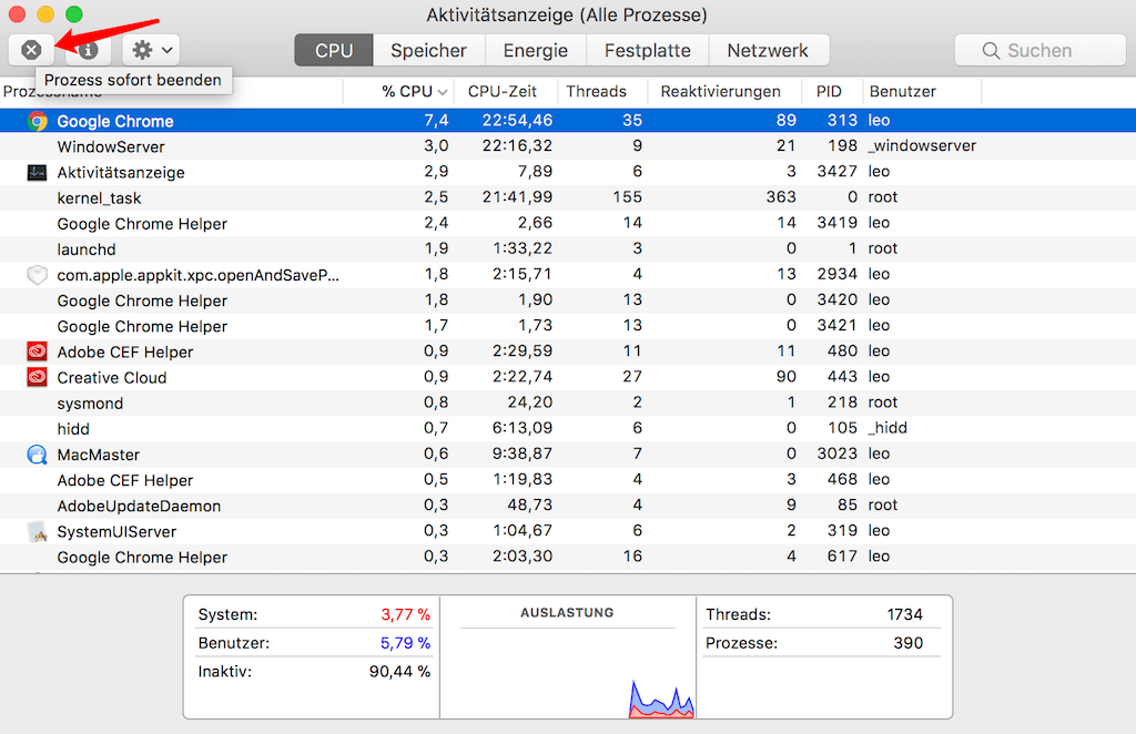 Suchen Sie die Chrome-Prozesse und klicken Sie auf X