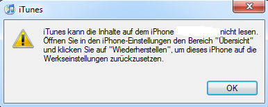 iTunes kann die Inhalte auf dem iPhone nicht lesen