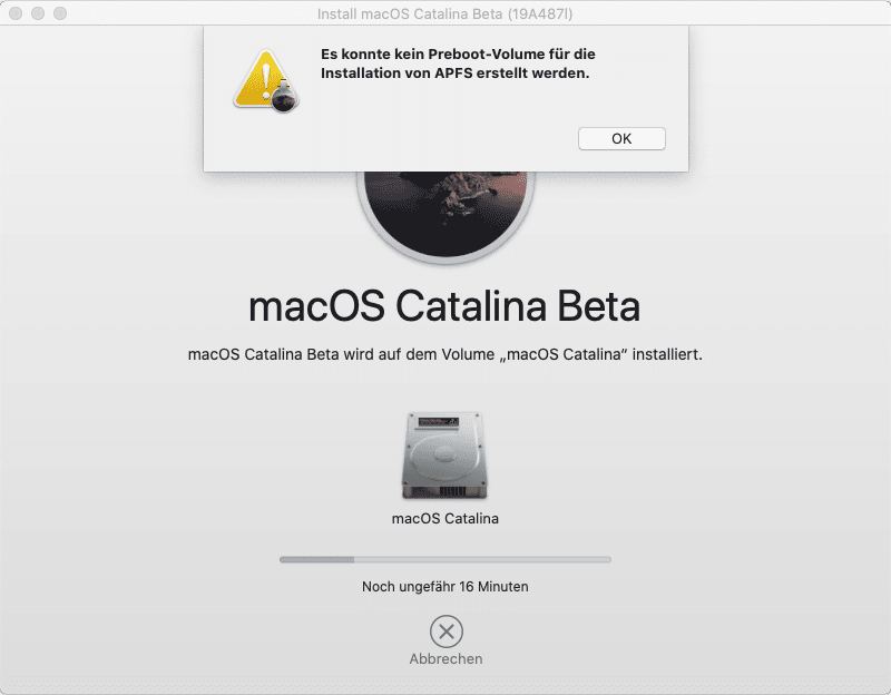 Es konnte kein Preboot-Volume für die Installation von apfs erstellt werden
