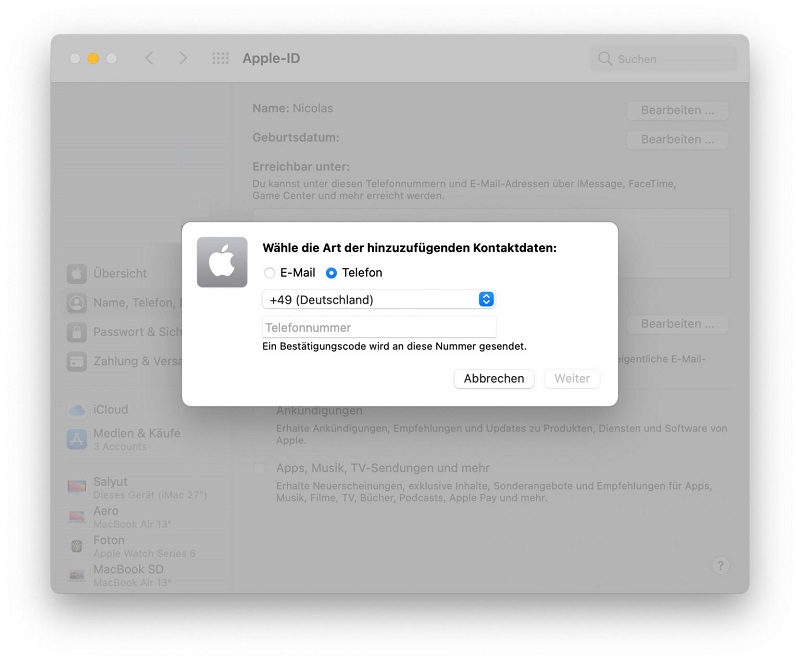 iMessage Telefonnummer hinzufügen mac