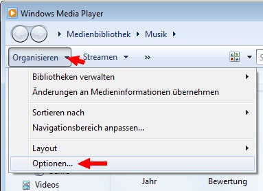 Windows Media Player Optionen