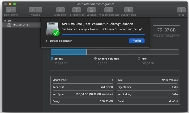 Mac andere Volumes im Container löschen