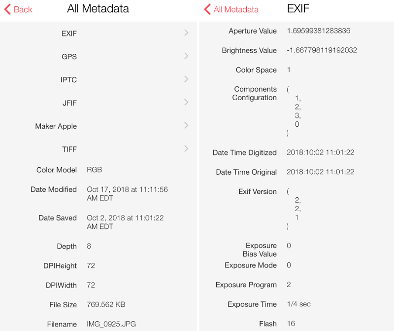 EXIF-Daten auf iPhone