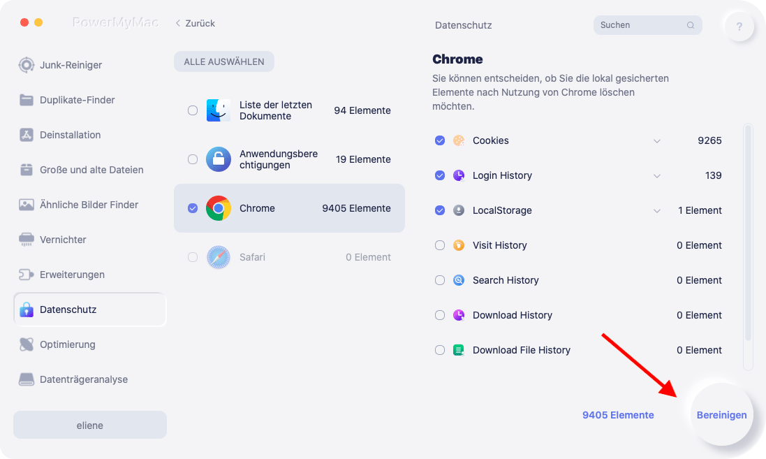 Wählen Sie die gewünschten zu bereinigenden Browser-Cookies aus