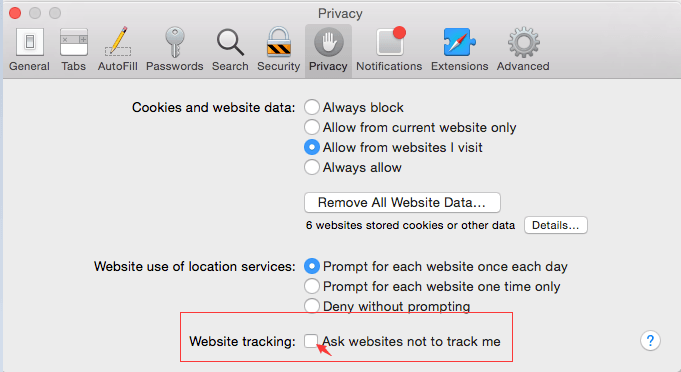 Verfolgen Sie keine Optionen und blockieren Sie Cookies in Safari