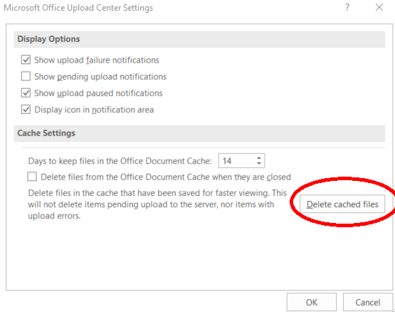 Ändern Sie die Microsoft Upload Center-Einstellungen in „Excel-Cache löschen“.