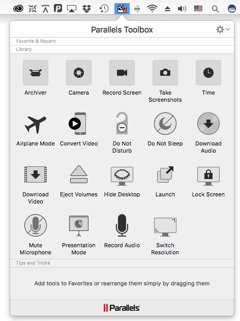 Schnittstelle der Parallels Toolbox für Mac