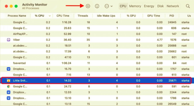 Beenden Sie Little Snitch auf dem Mac mit dem Aktivitätsmonitor