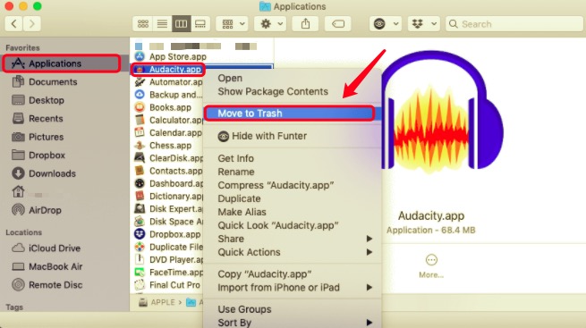 Löschen Sie Audacity aus dem Anwendungsordner auf dem Mac