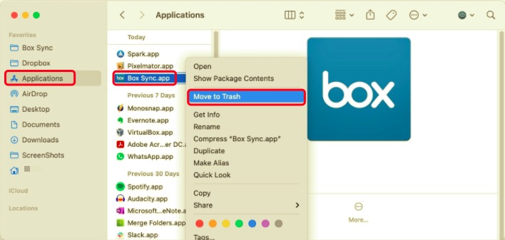 Deinstallieren Sie Box Sync auf dem Mac, indem Sie es in den Papierkorb ziehen