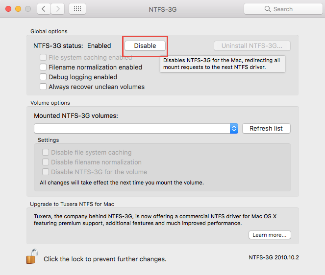 Klicken Sie auf die Option „Deaktivieren“, um NTFS-3G zu beenden