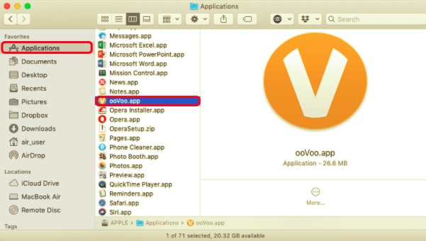 Löschen Sie ooVoo auf dem Mac aus dem Anwendungsordner