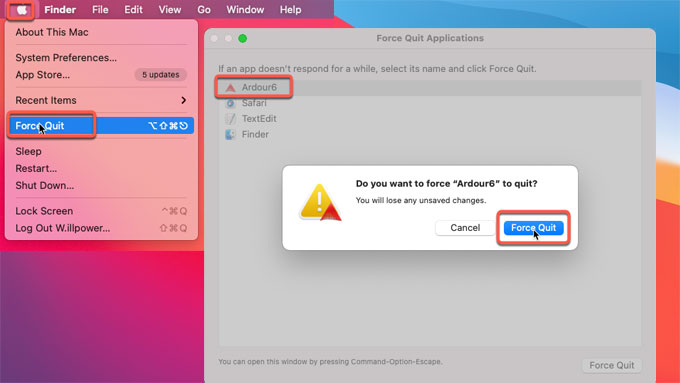 Erzwingen Sie das Beenden und deinstallieren Sie Ardour auf dem Mac