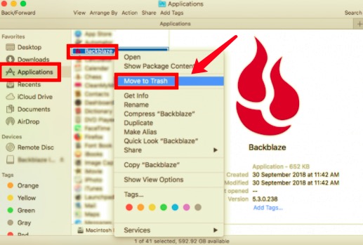 Deinstallieren Sie Backblaze auf dem Mac über den Anwendungsordner