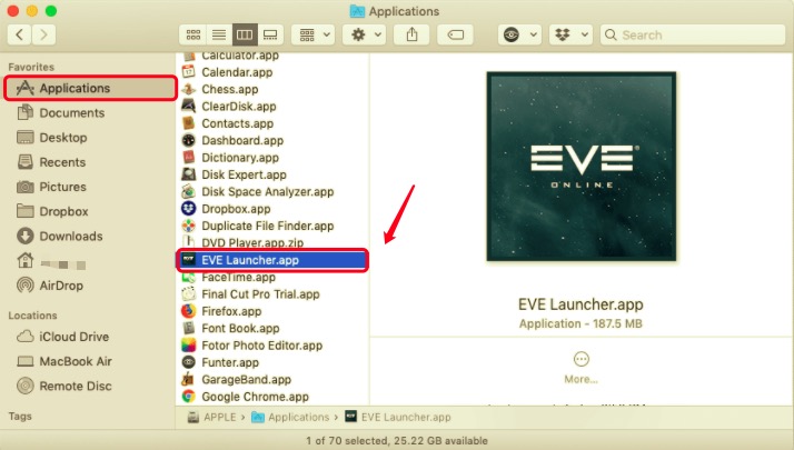Entfernen Sie EVE Online vom Mac über den Anwendungsordner