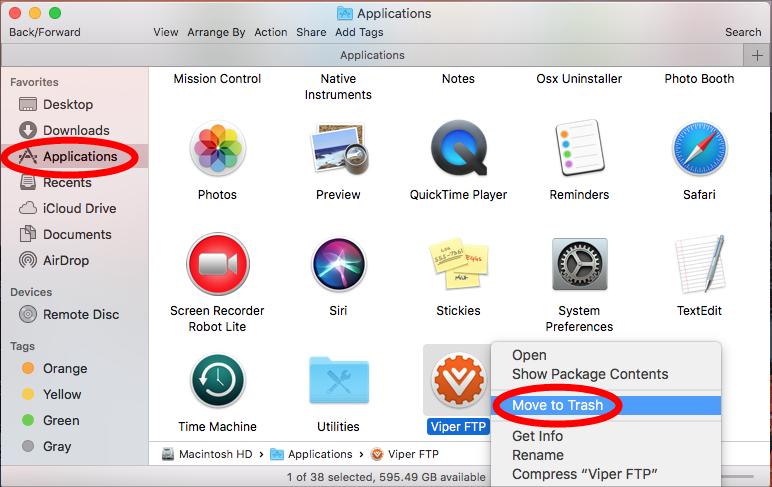 Verschieben Sie die Viper FTP-App in den Papierkorb