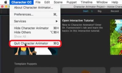 Beenden Sie Character Animator, bevor Sie die App deinstallieren