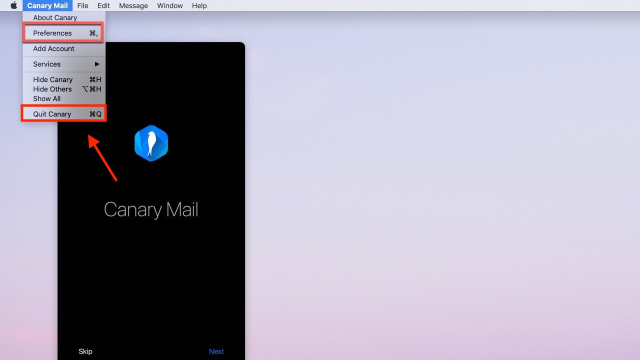 Wählen Sie Canary Mail aus und klicken Sie auf Canary beenden