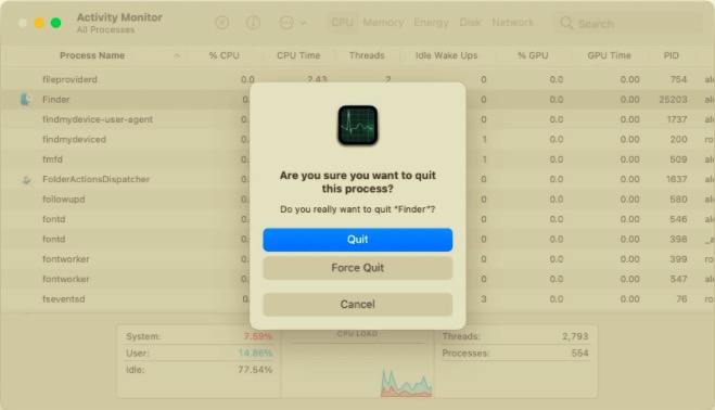 Beenden Sie den Finder auf dem Mac mit Aktivitätsmonitor