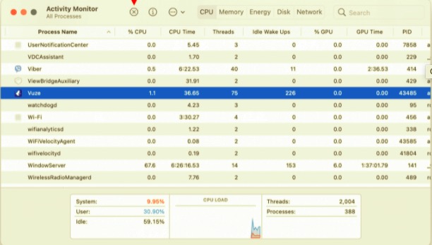 Beenden Sie Vuze über den Aktivitätsmonitor, bevor Sie es auf dem Mac deinstallieren