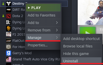 Deinstalliere Destiny 2 auf Steam