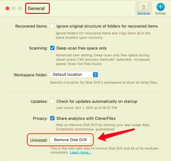 Entfernen Sie Disk Drill auf dem Mac aus den Einstellungen