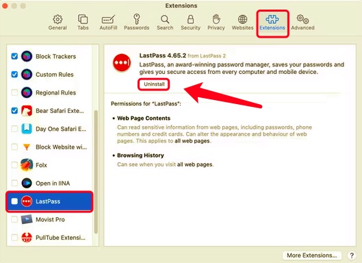Entfernen Sie die LastPass-Safari-Erweiterung auf dem Mac