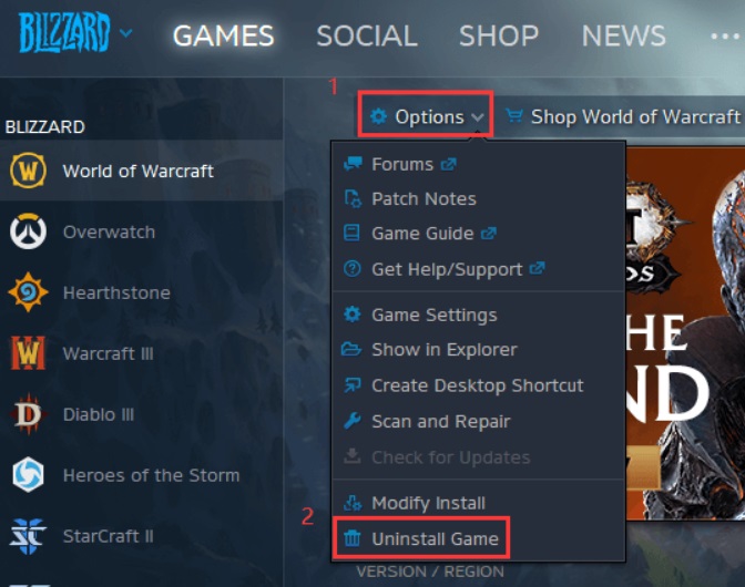 Deinstallieren Sie Blizzard Games von seiner App