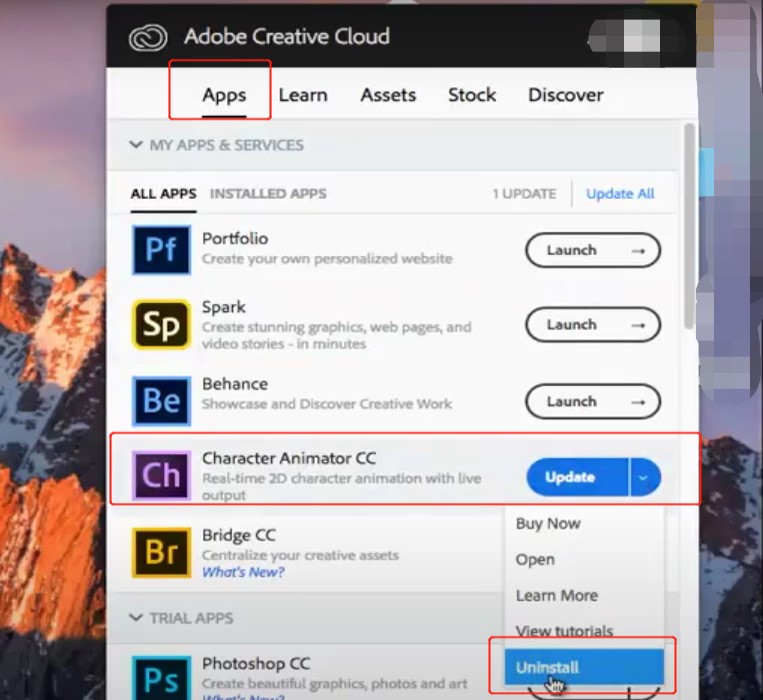 Character Animator von Adobe CC Desktop entfernen