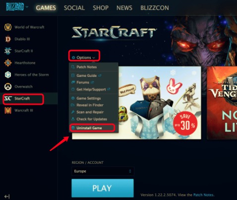 Deinstallieren Sie StarCraft 2 auf dem Mac über Battle.net