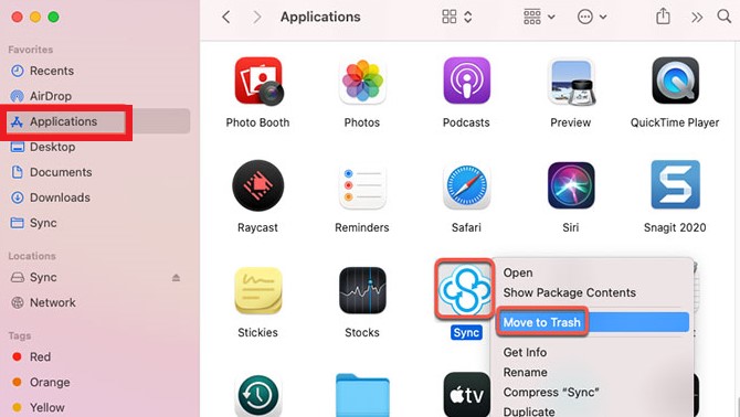 Deinstallieren Sie die Sync Desktop App manuell auf dem Mac