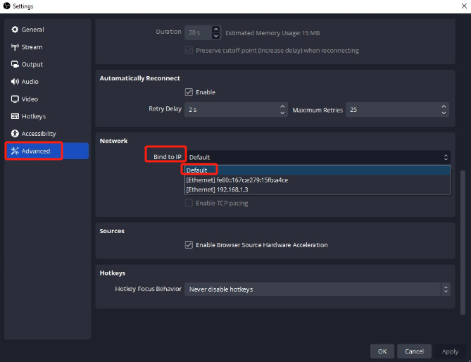 Ändern Sie „Bind to IP“, um OBS-Drop-Frames zu beheben