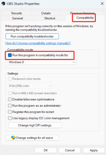 Aktivieren Sie den Kompatibilitätsmodus, um zu beheben, dass OBS Game Capture nicht funktioniert