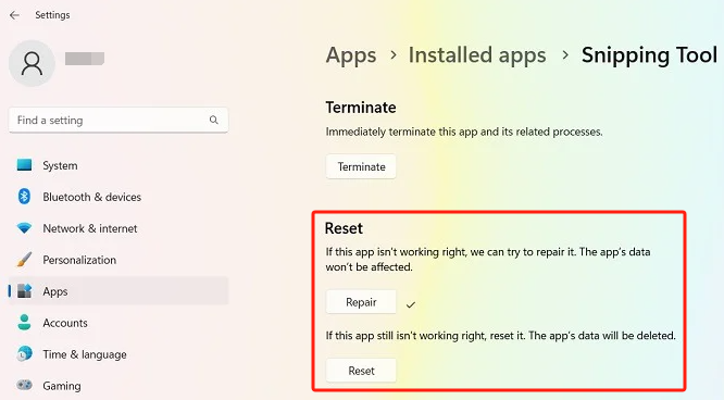 Setzen Sie Apps zurück, um das Problem mit dem nicht funktionierenden Snipping Tool zu beheben