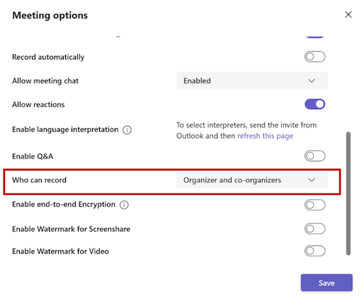 Aufzeichnungsvorbereitungen in Microsoft Teams