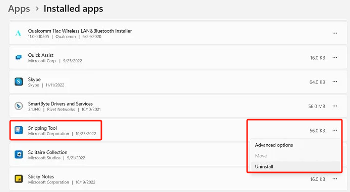 Deinstallieren Sie die App, um das Problem mit dem nicht funktionierenden Snipping Tool zu beheben