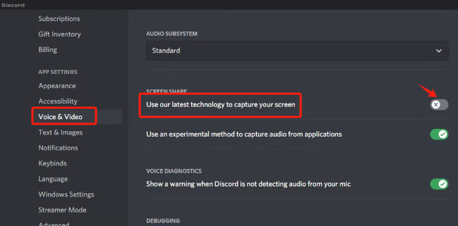 Deaktivieren Sie die Einstellung, um den schwarzen Bildschirm im Discord-Stream zu beheben