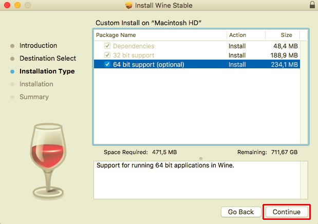 Aktivieren Sie die 64-Bit-Unterstützung, wenn Sie Wine auf dem Mac installieren