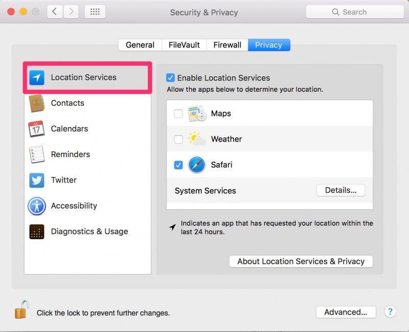 Schalten Sie den Location Services Mac ein