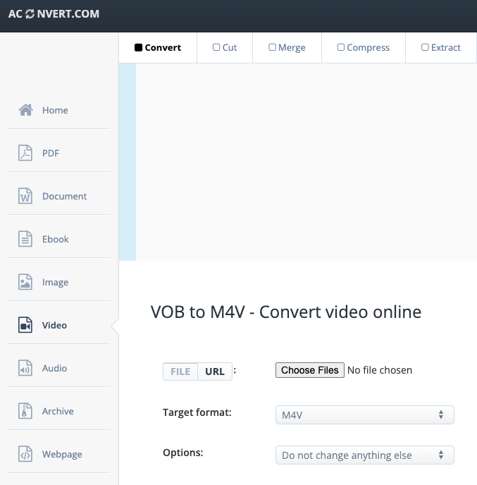 Konvertieren Sie VOB in M4V bei Aconvert.com