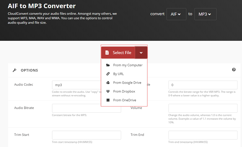 Konvertieren Sie AIF mit CloudConvert in MP3