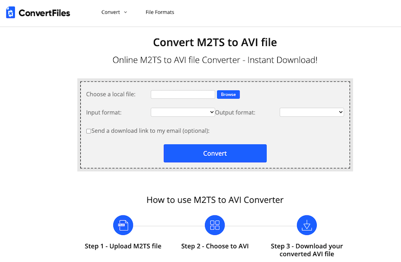 Besuchen Sie ConvertFiles.com, um M2TS in AVI zu konvertieren