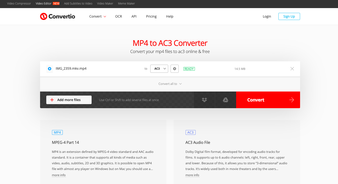 Verwenden Sie Convertio.co, um MKV in AC3 zu konvertieren