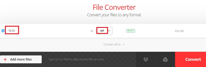 Verwenden Sie Convertio, um TS in das GIF-Format zu konvertieren