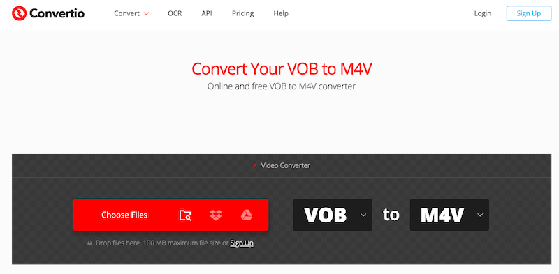 Besuchen Sie Convertio.co, um VOB-Dateien kostenlos online in M4V zu konvertieren