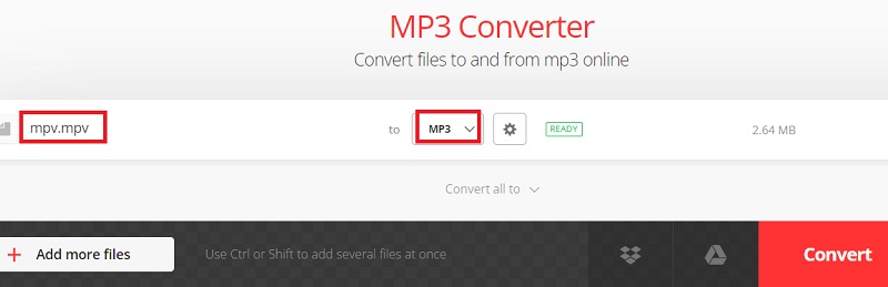 Verwenden Sie Convertio, um MPV in MP3 umzuwandeln