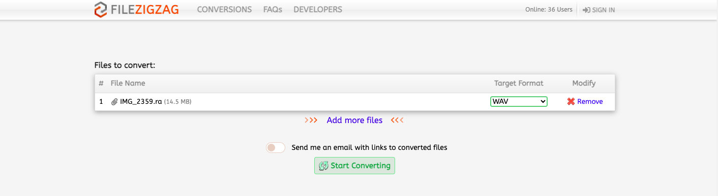 Konvertieren Sie RA in WAV mit FileZigZag.com