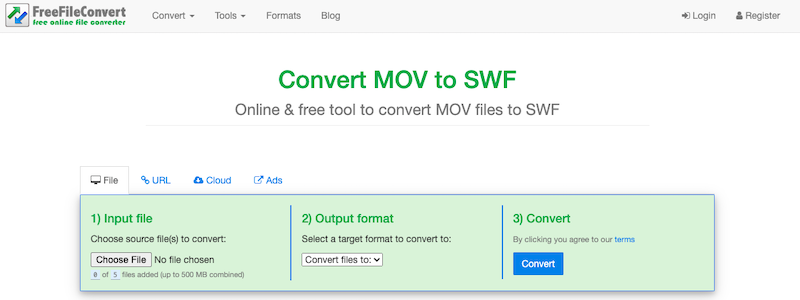 Konvertieren Sie MOV in SWF bei FreeFileConvert.com