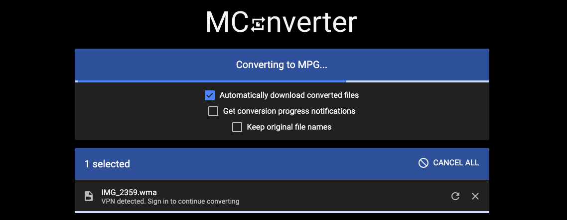 Verwenden Sie Mconverter.eu, um WMA in MPG zu konvertieren